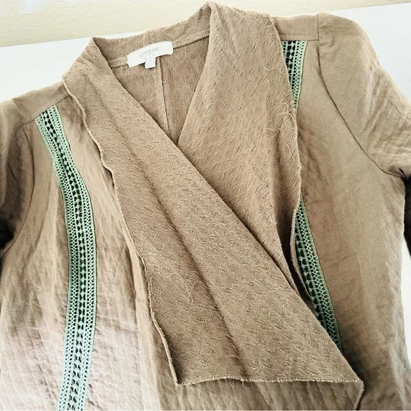 Umgee USA Brown Draped Open Front Cardigan Jacket with Green Crochet Trim Sz M - Picture 8 of 8